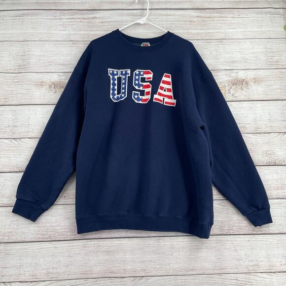 Vintage Fruit of the Loom USA‎ Flag Logo Crewneck Sweatshirt Adult XXL Navy Blue - Picture 1 of 7